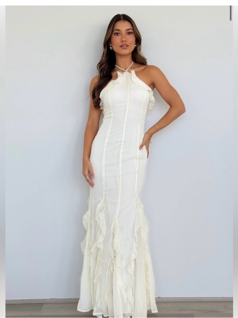 Halter Ruffle Cream Maxi Dress